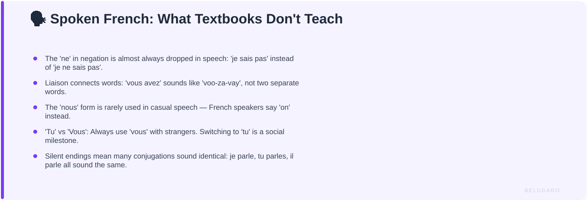 Cultural tip card about spoken French pronunciation differences from written French