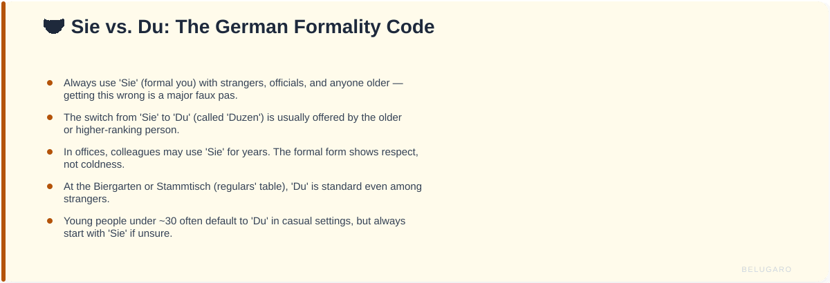 Cultural tip card explaining Sie vs Du formality in German